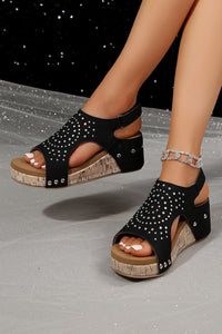 Black Rhinestone Stud Hollow Out Wedge Sandals