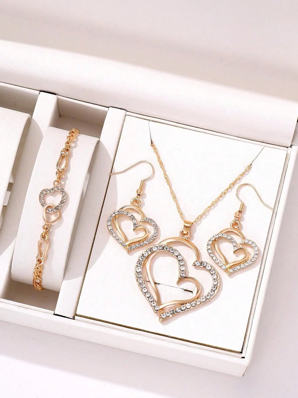 3 Pcs Set Heart Shaped Jewelry Set Of Earrings Pendant Necklace For Women Exquisite Fashion Rhinestone Double Heart Jewelry Set