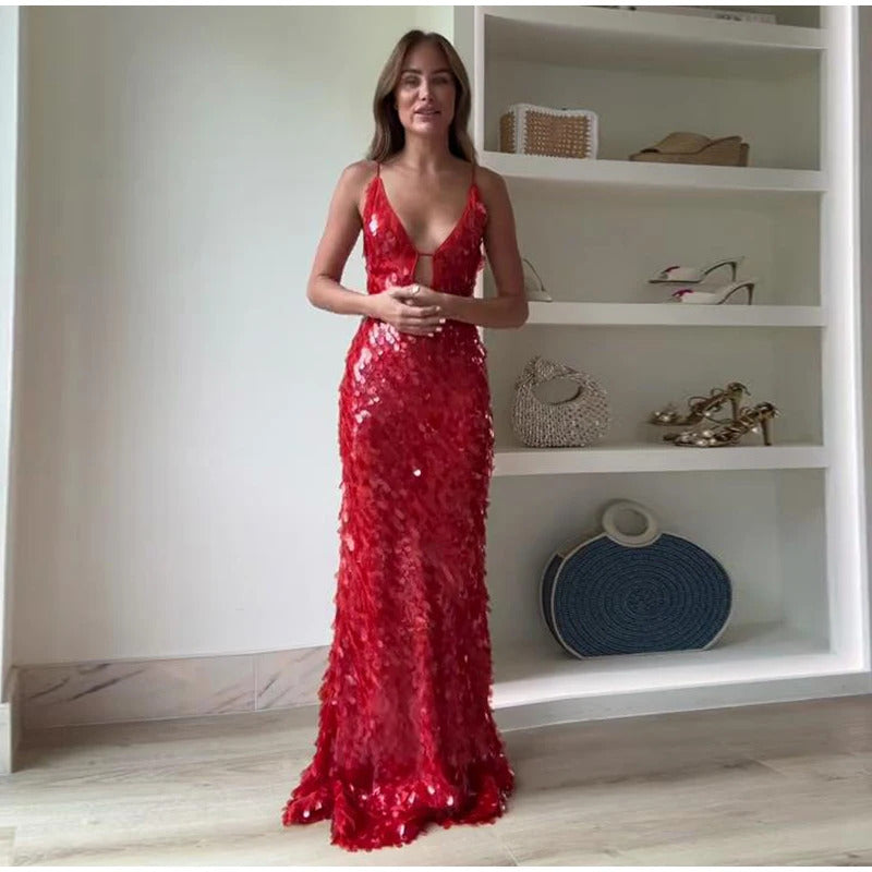 2024 Glitter Sequins Spaghetti Straps Women's Evening Dress Sleeveless Backless High Waist Floor Length Lady Birthday Party Gown