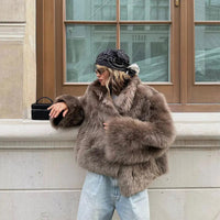 Luxury Brown Women's Fluffy Faux Fur Warm Short Coat Chic Lapel Collar Long Sleeve Furry Jacket Winter 2024 Lady High Streetwear