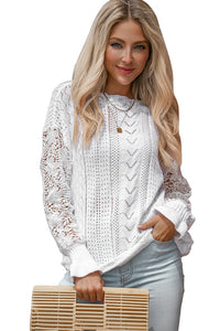 White Crochet Lace Pointelle Knit Sweater