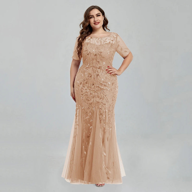 Women Plus Size Sequin Mesh Embroidery Mermaid  Evening Dress Formal Short Sleeve Elegant Party Prom Gowns 2020 New Long Dress