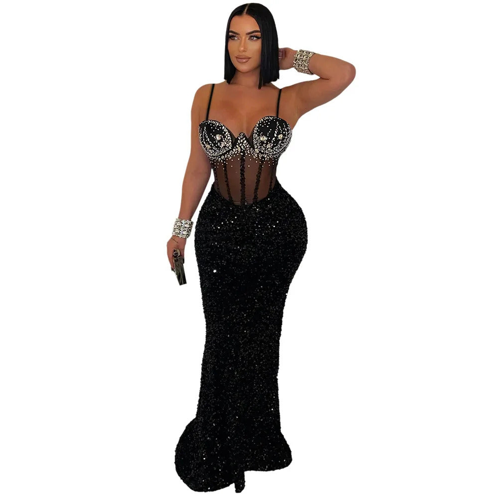 CM.YAYA Women Mesh Velvet Diamonds Sleeveless Strap Bodycon Maxi Dress Sequine Birthday Sexy Party Evening Vestidos Long Dresses