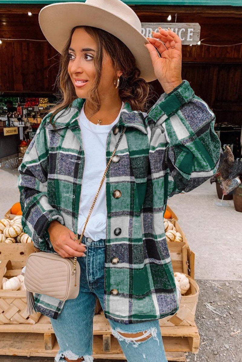 Green Plaid Print Buttoned Shirt Jacket