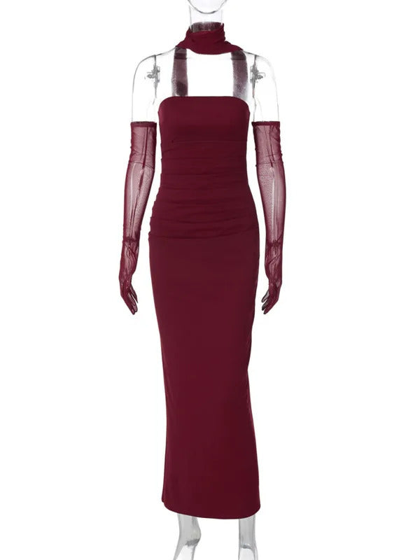 Mozision Strapless Backless Sexy Maxi Dress For Women Burgundy Mesh Sleeve Off-shoulder Bodycon Club Party Evening Long Dress