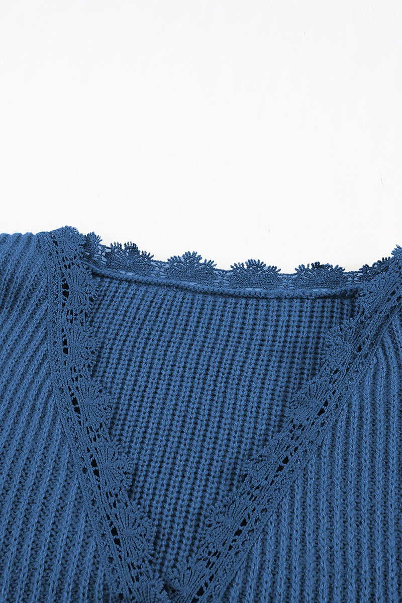 Blue Lace V Neck Knitted Pullover Sweater