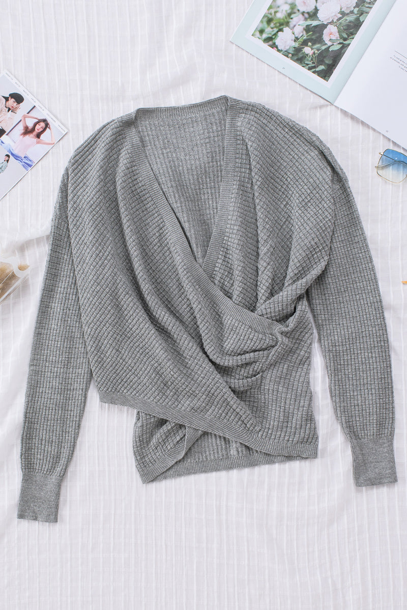 Gray Black/Pink/Gray/Khaki/Apricot  Wrap V Neck Waffle Sweater