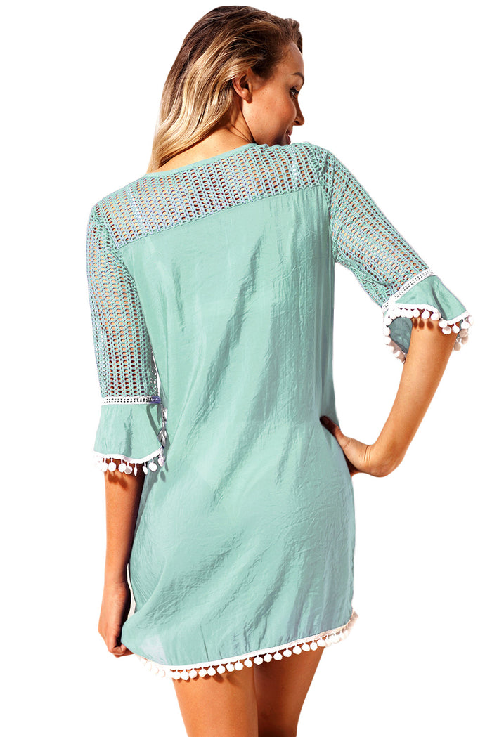 Green Crochet Pom Pom Trim Beach Tunic Cover up