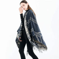 Cloak Poncho Capes 2024 New Indian Nepalese Style Geometric Tassel Split Women Shawl Warm Air Conditioning Room Lady Blue