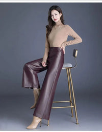 ZUZK High Quality Women PU Leather Wed Leg Pants  Autumn Winter Fashion Warm Long Leather Pants Elegant LeatherTrousers