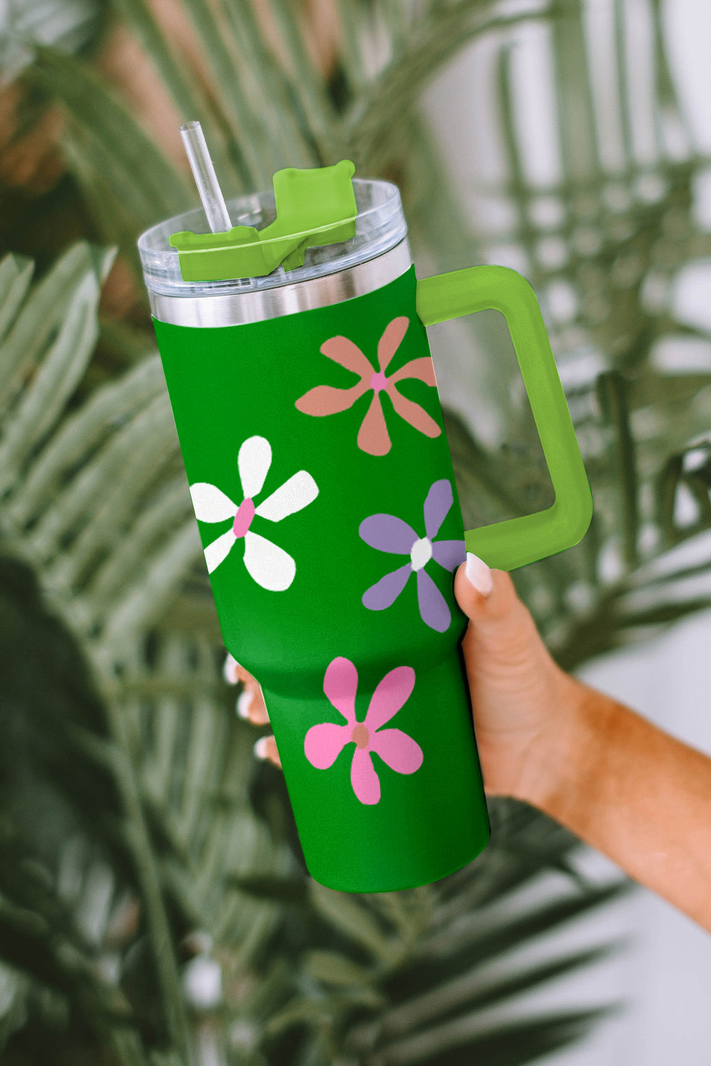 Dark Green Floral Print Stainless Steel Tumbler with Handle 1200ml