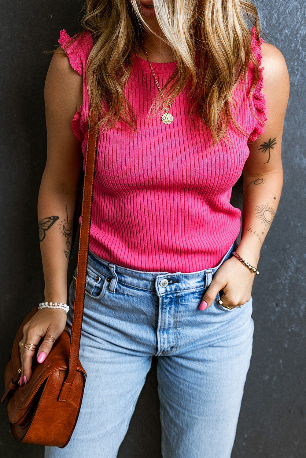 Bright Pink Ribbed Ruffled Sweater Tank