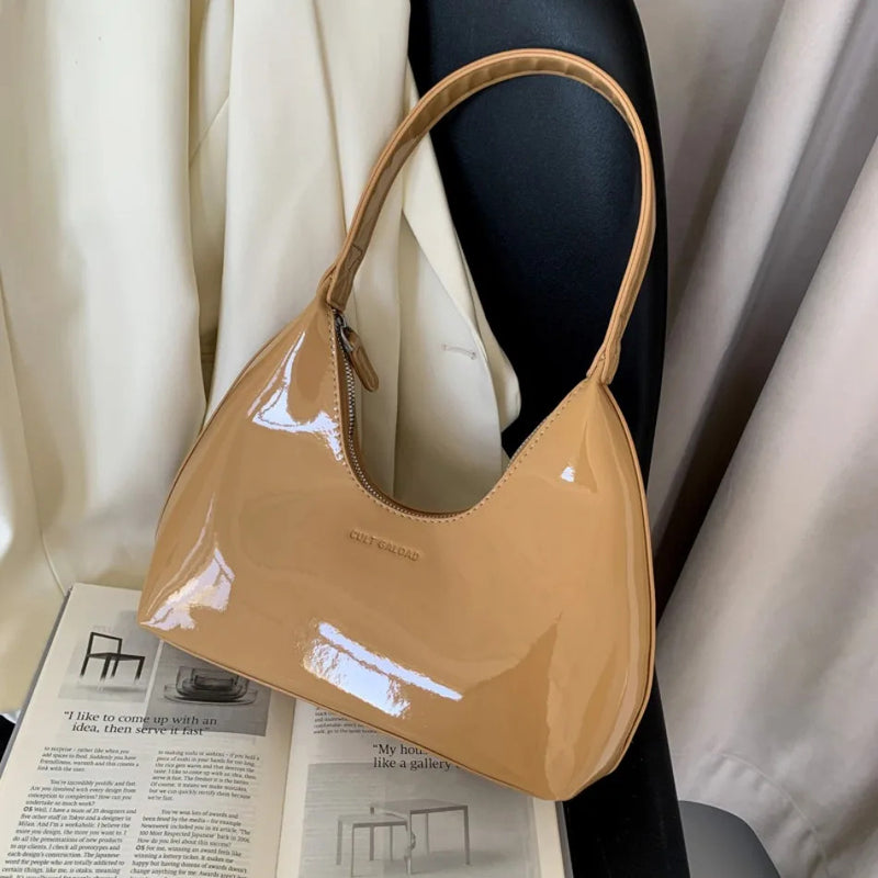 Fashionable Shoulder Bags for Women's Designer Solid Colors Patent Leather Crescent Bag 2024 New Small Handbag Ladies Totes Sac