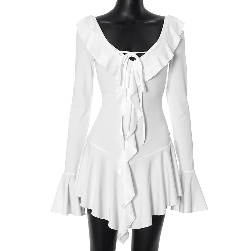 Tossy Ruffled Lace-Up White Mini Dress Women's V-Neck Patchwork Long Sleeve Sexy Slim Dress Bandage Elegant Female Summer Dress