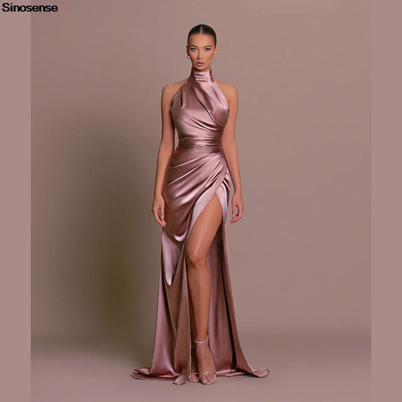 Women Elegant Long Evening Cocktail Party Dress Sexy Halter Backless Ruched High Split Bodycon Wedding Guest Bridesmaid Dress