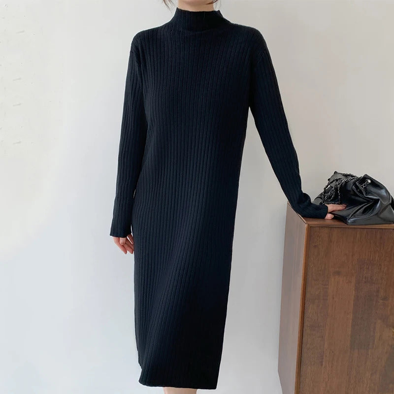 ABRINI Women Fall Versatile Mock Neck Knit Dress New Winter Inner Layer Long Sleeved Dress Casual Loose Mid-Length Sweater Dress