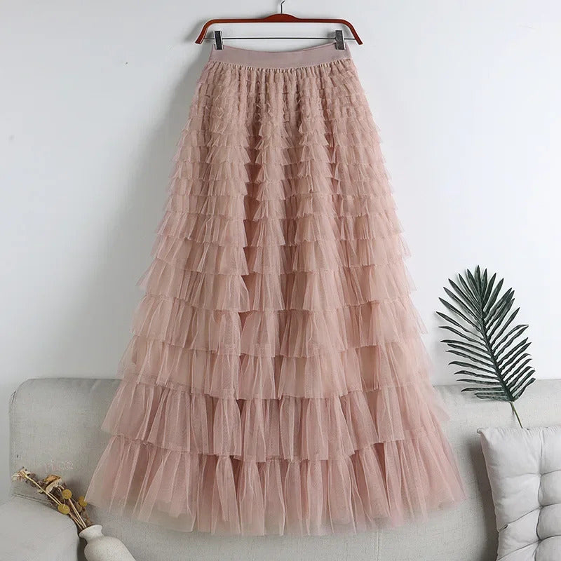 Medium-length Wire Mesh Spliced Cake Skirt 2023 Spring Summer Autumn/winter New Style A- line Long Dress Puffy Dress