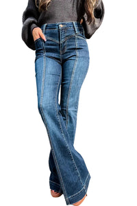 Blue High Waist Seam Stitching Pocket Flare Jeans