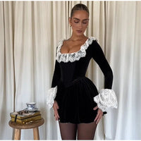 Sexy Lace Flare Long Sleeve Mini Dress Women Fashion Black Square Collar High Waist A-line Dresses 2024 Lady Evening Party Gown