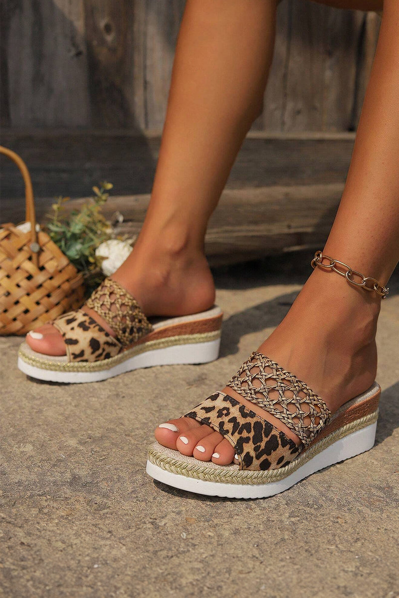 Chestnut Leopard/Floral Print Braided Details Wedge Slippers