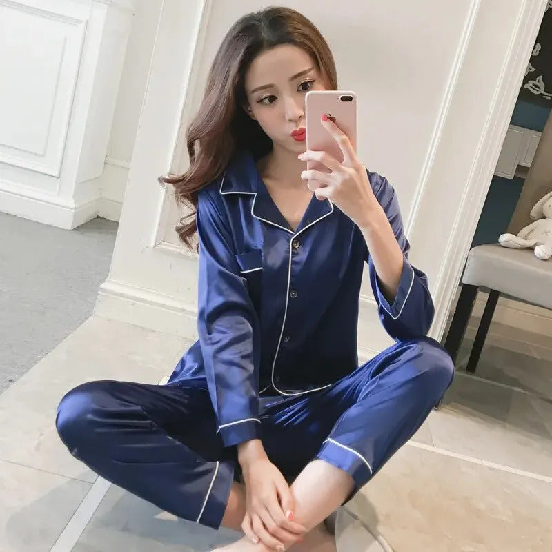 Pajamas Sets for Women 2024 Sexy Silk Women Pijama Sets Sleepwear Long-sleeve Cardigan Set Female Ice Silk Pyjamas Home Clothing