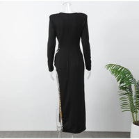 Chic O Neck Sliver Sequins Side High Split Woman Long Sleeve Dress Sexy Hollow Out Slim Fit Maxi Dresses New Evening Party Robes