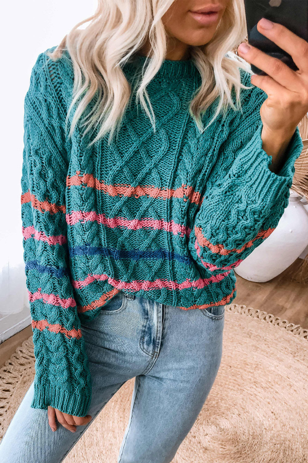 Green Striped Color Block Textured Knit Pullover Sweater