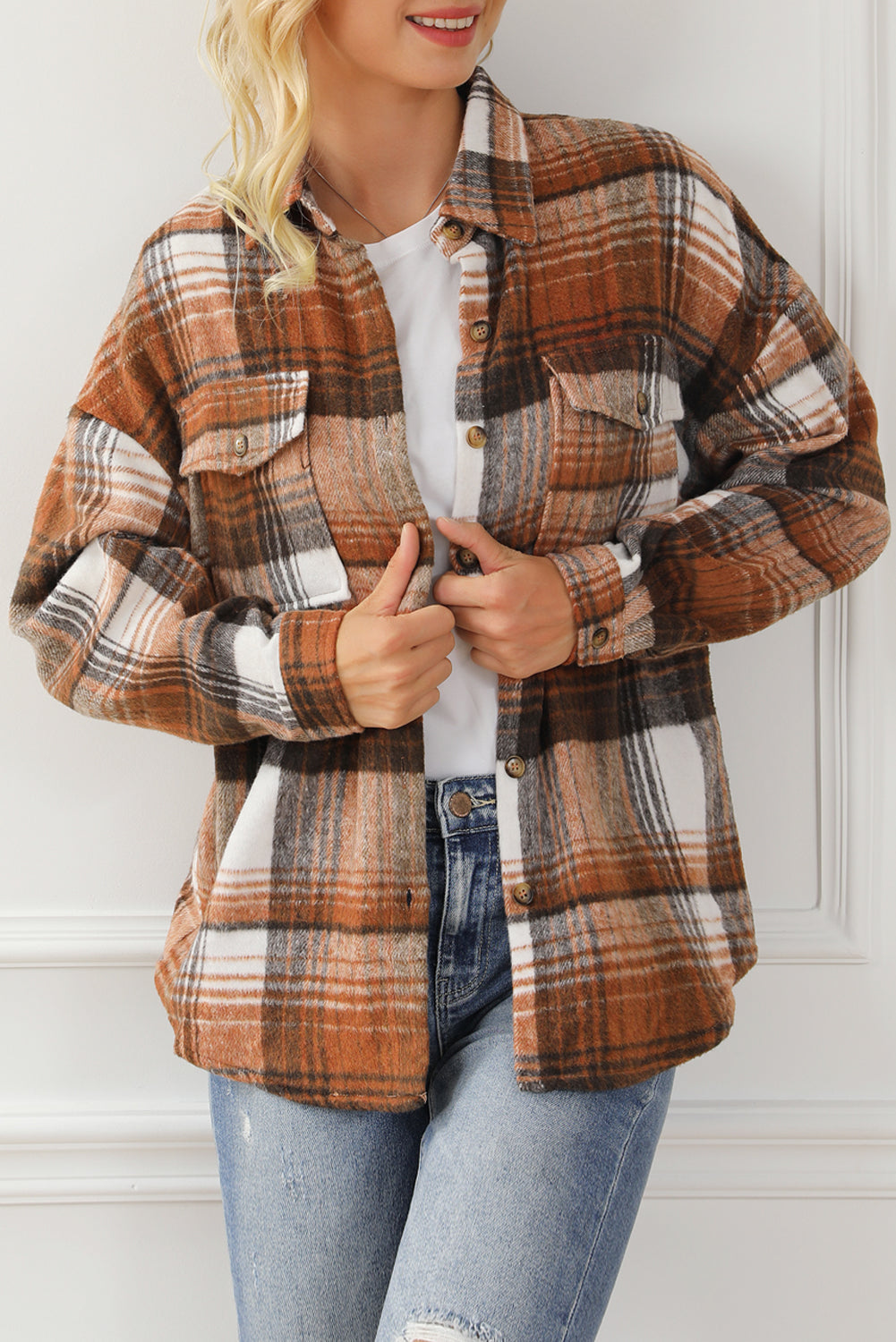 Medium Grey Plaid Flap Pockets Shacket