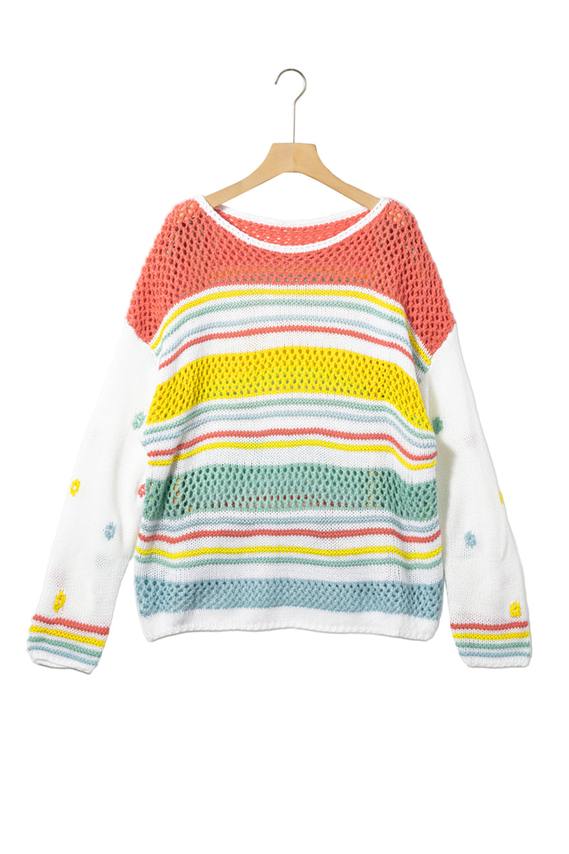 Multicolor Hollow Striped Knit Contrast Sleeve Sweater