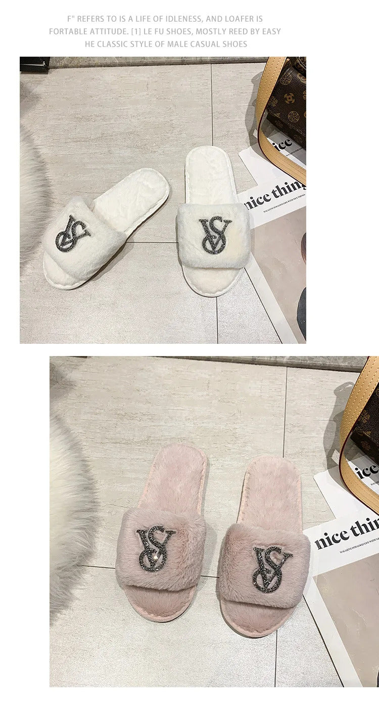 Female Home Cotton Slippers Women Autumn Winter Hairy Warm Footwear Fashion Letter Rhinestones Sandals Woman Casual Flat Shoes