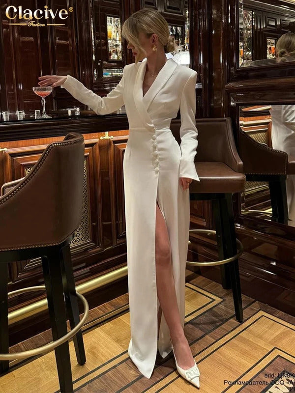 Clacive Fashion Slim White Dress Bodycon Lapel Long Sleeve Ankle Length Dress Party Elegant Classic Slit Dresses For Women 2024