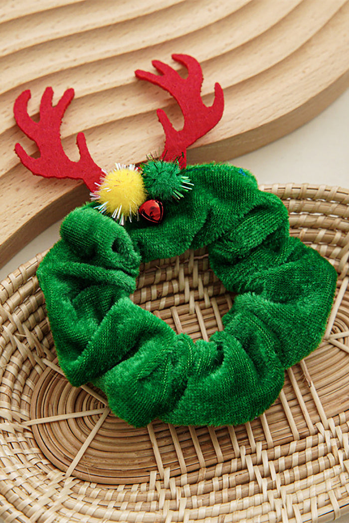 Dark Green Christmas Elk Horn Small Bell Hair Scrunchie