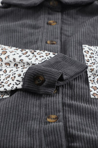 Gray Leopard Patchwork Corduroy Buttoned Shirt Jacket