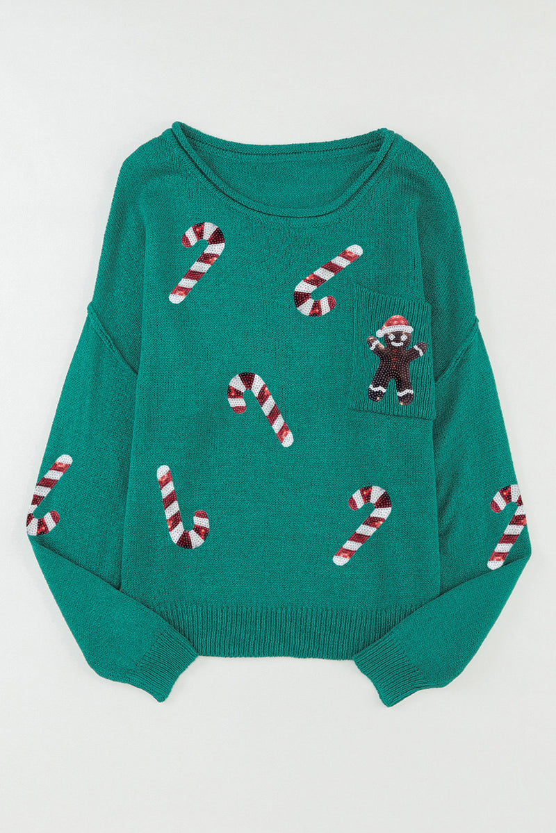 Green Sequined Candy Canes Gingerbread Man Sweater