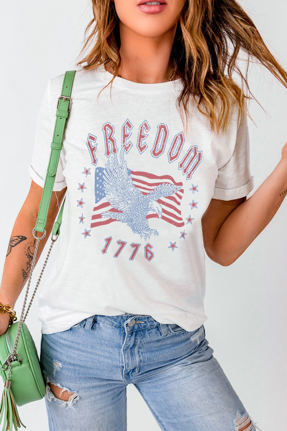 White FREEDOM Eagle Flag Print 1776 Graphic Tee