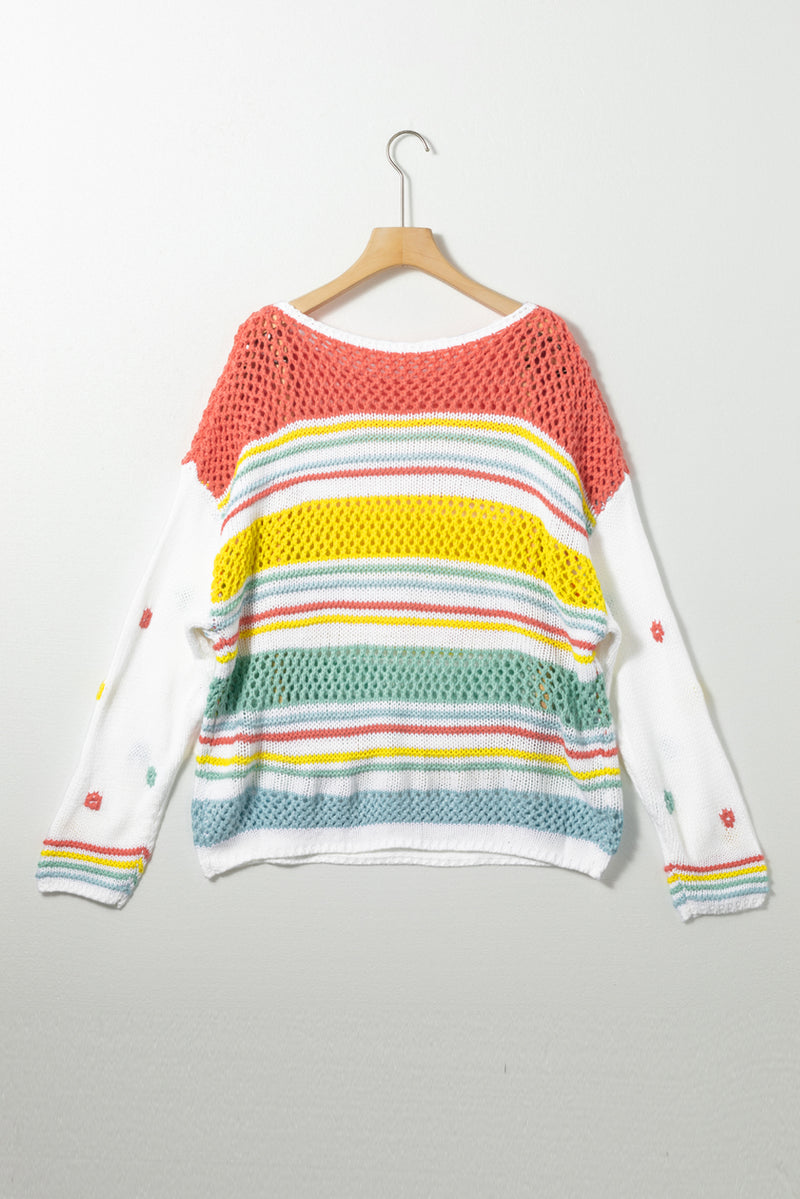 Multicolor Hollow Striped Knit Contrast Sleeve Sweater