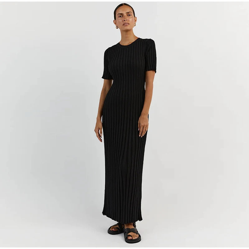 Elegant Knitted Ribbed Long Dress Women Slim Wave O-neck Short Sleeve Hip Package Dresses Female 2024 Summer Lady  Robe