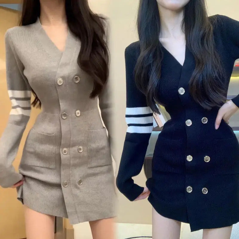 Women's Crochet Dresses Extreme Mini Female Knit Dress Button Short V Neck Black Clothes Sensual Sexy A Line Outfits New in Kpop