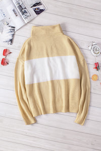 Khaki Colorblock Turtleneck Loose Knitted Sweater