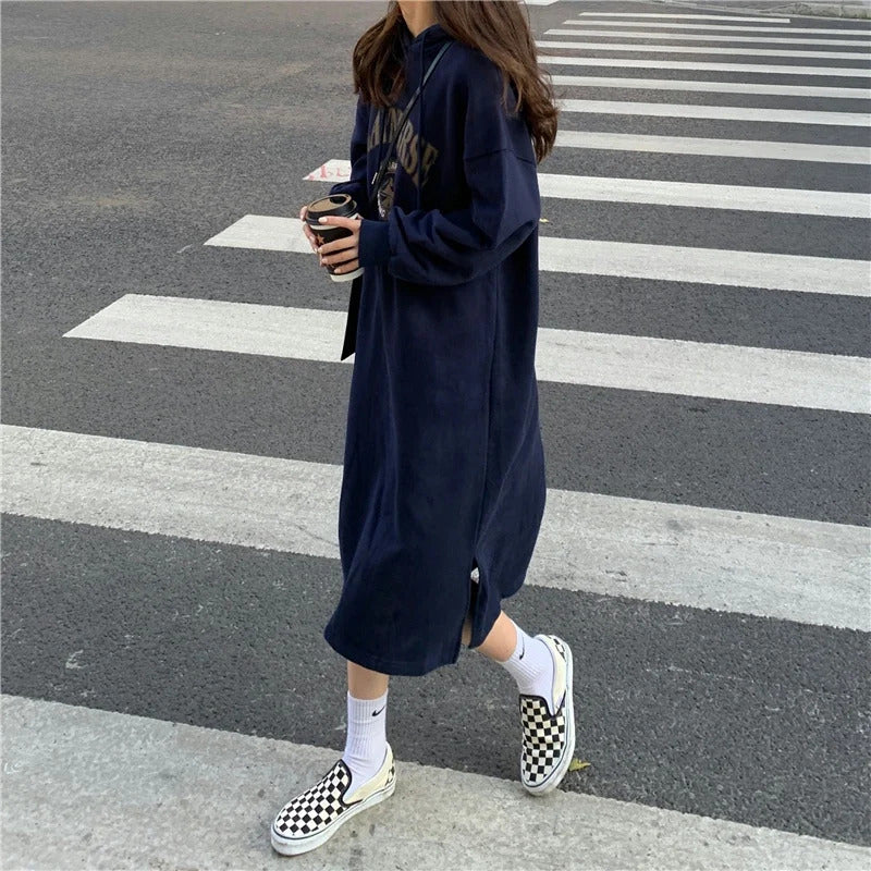 Long Hood Sweater Dress Women Autumn and Winter Fleece-lined Thickened Pullover Small Loose Mid-Length over-the-Knee Dress