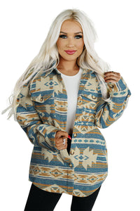 Blue Western Aztec Print Button Flap Pocket Shacket