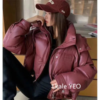 Women's Leather Down Cotton Jacket 2025 Versatile Hooded Lady Winter Parka Coat Fashion Student Ladies Cotton Padded Outerwear