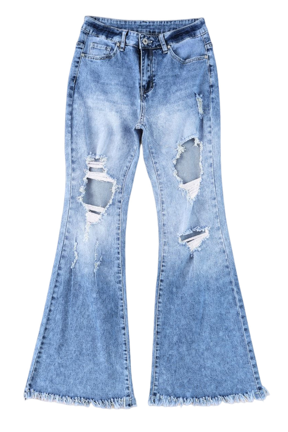 Sky Blue Distressed Damage Holes Raw Flare Leg Jeans