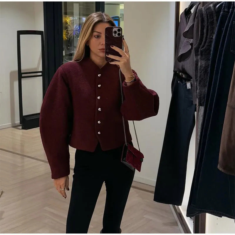 Burgundy Red Round Neck Woolen Coat Causal Single Breasted Long Sleeve Short Jackets 2025 Spring Autumn Lady Highstreet Outwear