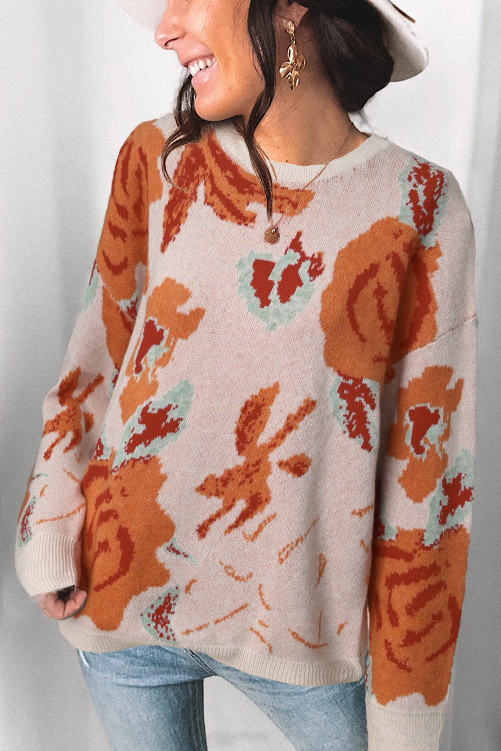 Floral Pattern Drop Shoulder Crew Neck Sweater