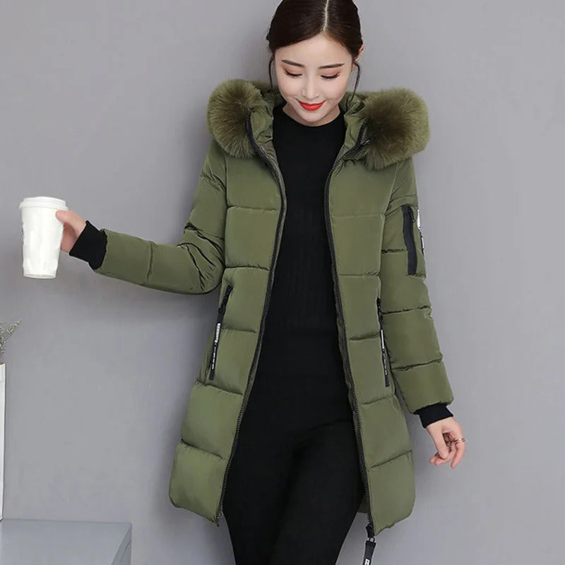 Women Winter Black Fur Collar Hooded Parka Fashion Letter Patch Zipper Pockets Long Jacket Elegant Slim Warm Thick Female Coats