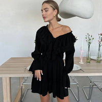 Ruffled V-Neck White Mini Dresses Female Patchwork Long Sleeve Elegant Bandage Fashion Dress High Waist Lace-Up Women's Vestidos