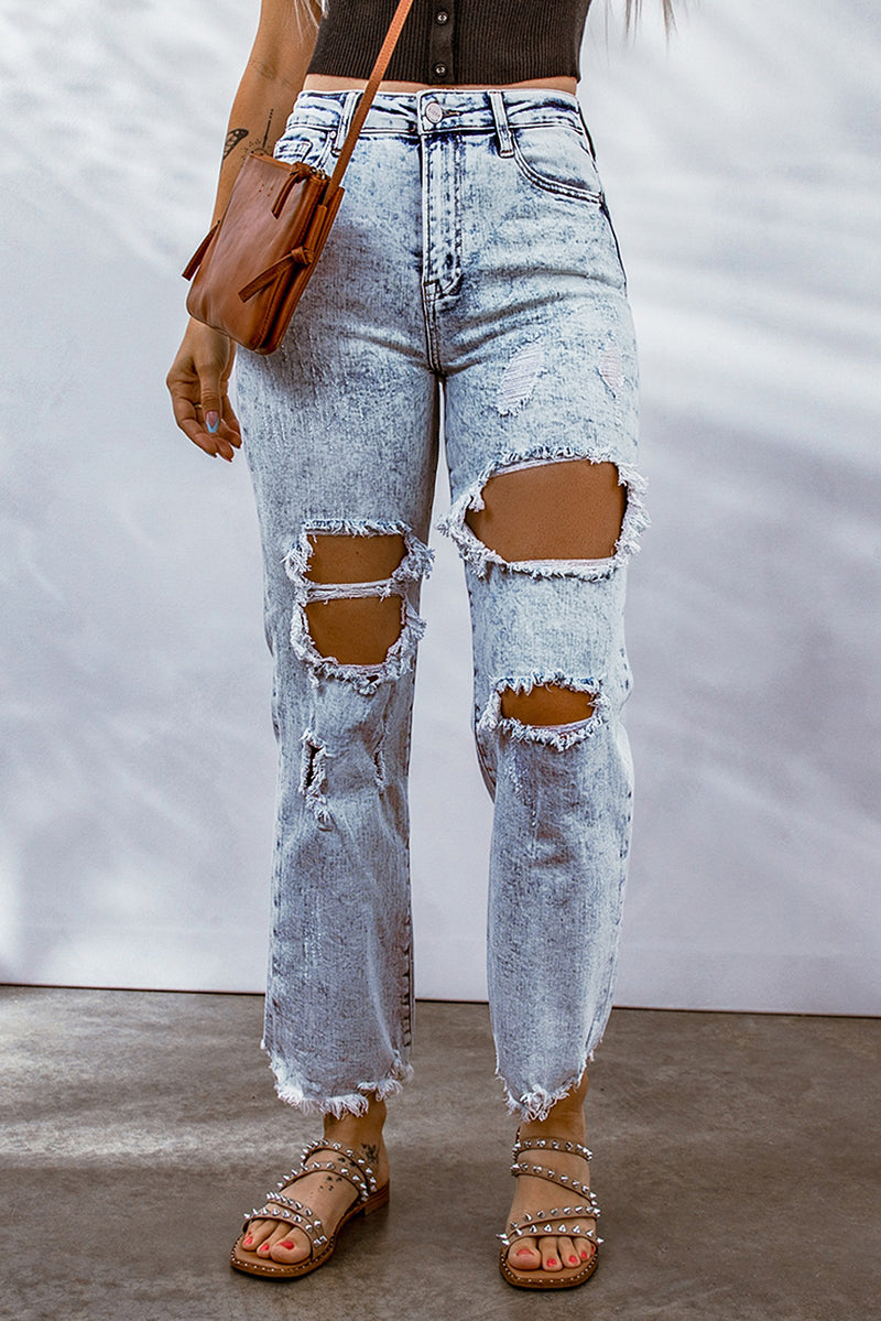 Sky Blue Hollow-out Light Washed Ripped Boyfriend Jeans