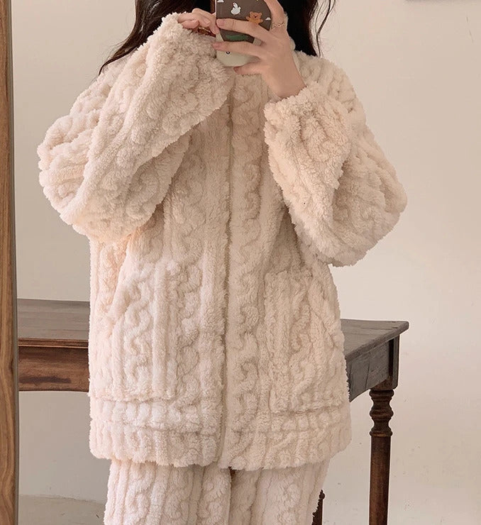 Autumn and Winter Fashion Two Piece Set 2Pcs Jacquard Textured Stand Collar Zip Up Fuzzy Teddy Top & Pants Set for Women