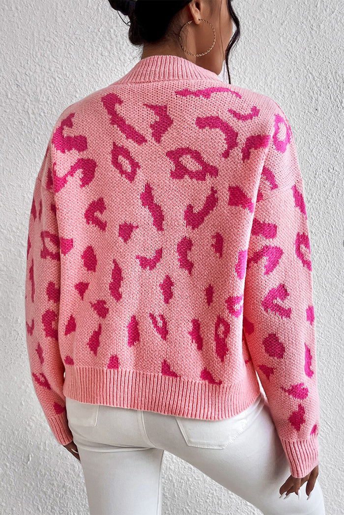 Bonbon Leopard Pattern Mock Neck Ribbed Trim Sweater